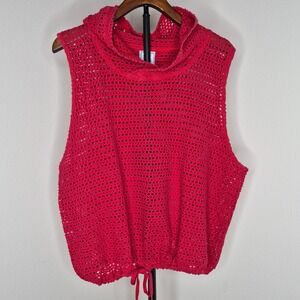 Vintage Baja Blue Red Crochet Mesh Sleeveless Hoodie Drawstring Top Streetwear S